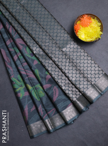 Bangalori silk saree greyish green with allover ikat weaves and zari woven border