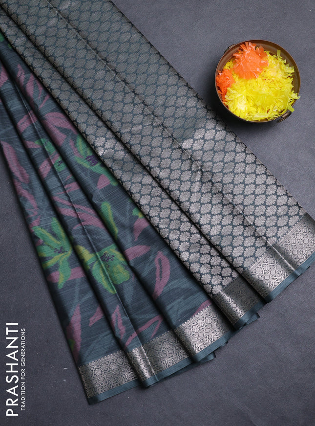 Bangalori silk saree greyish green with allover ikat weaves and zari woven border