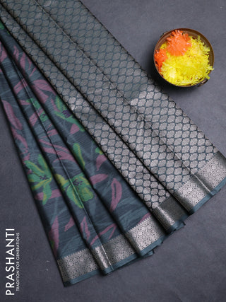Bangalori silk saree greyish green with allover ikat weaves and zari woven border