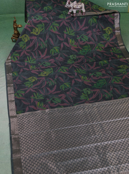 Bangalori silk saree greyish green with allover ikat weaves and zari woven border