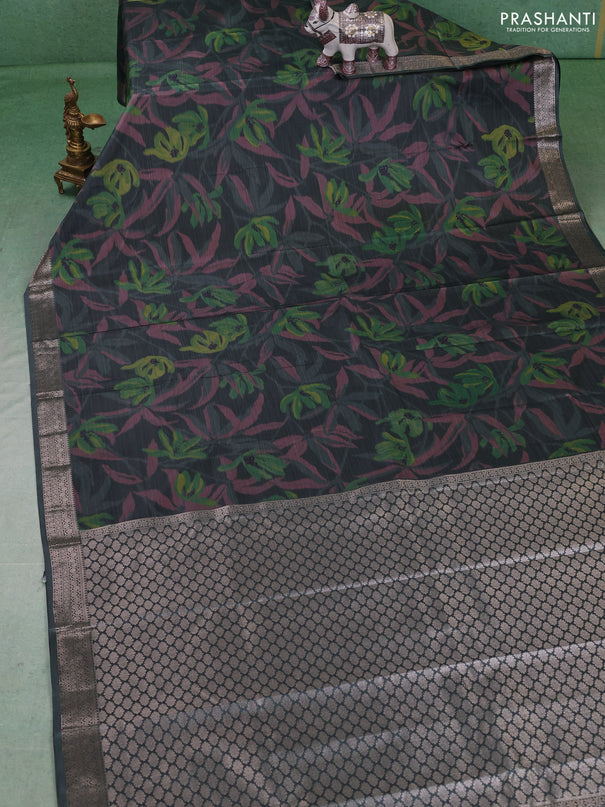 Bangalori silk saree greyish green with allover ikat weaves and zari woven border