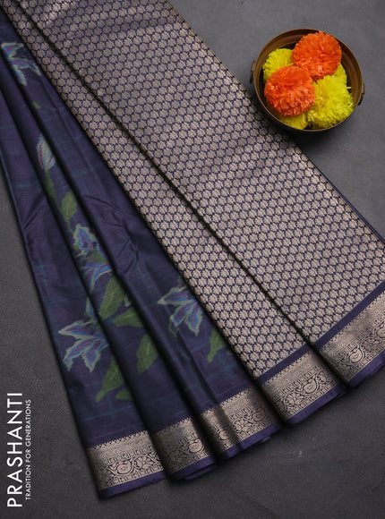 Bangalori silk saree dark navy blue with allover ikat weaves and zari woven border