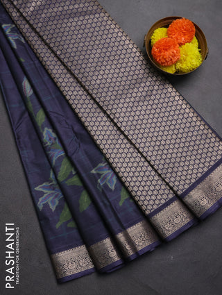 Bangalori silk saree dark navy blue with allover ikat weaves and zari woven border