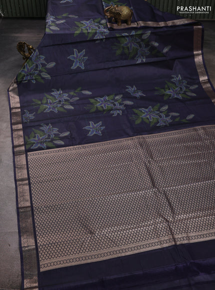 Bangalori silk saree dark navy blue with allover ikat weaves and zari woven border