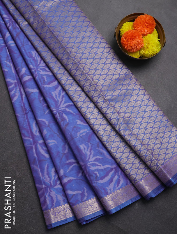 Bangalori silk saree blue shade with allover ikat weaves and zari woven border