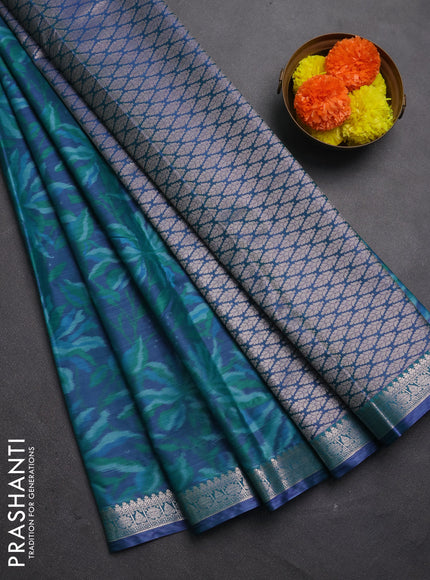 Bangalori silk saree blue and teal green with allover ikat weaves and zari woven border