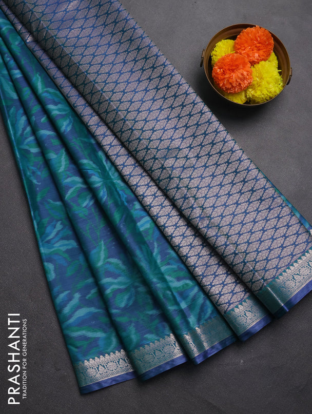 Bangalori silk saree blue and teal green with allover ikat weaves and zari woven border