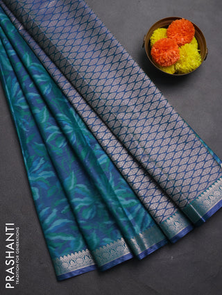 Bangalori silk saree blue and teal green with allover ikat weaves and zari woven border