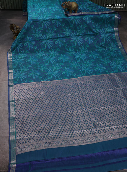 Bangalori silk saree blue and teal green with allover ikat weaves and zari woven border