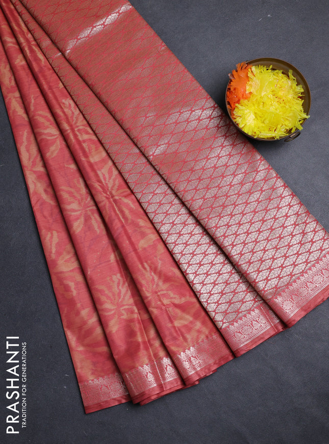 Bangalori silk saree peach shade with allover ikat weaves and zari woven border