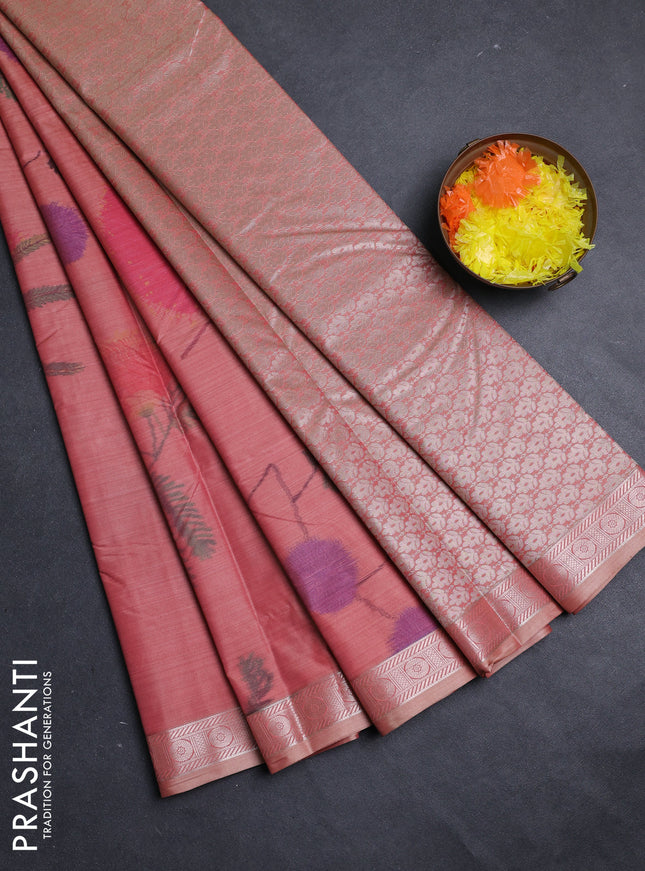Bangalori silk saree peach shade with allover ikat weaves and zari woven border