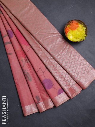 Bangalori silk saree peach shade with allover ikat weaves and zari woven border