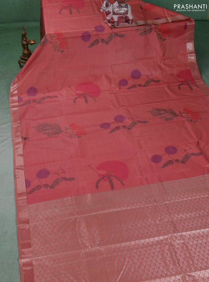 Bangalori silk saree peach shade with allover ikat weaves and zari woven border