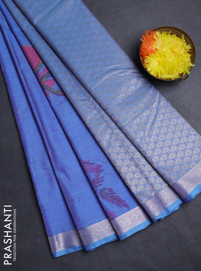 Bangalori silk saree blue shade with allover ikat weaves and zari woven border