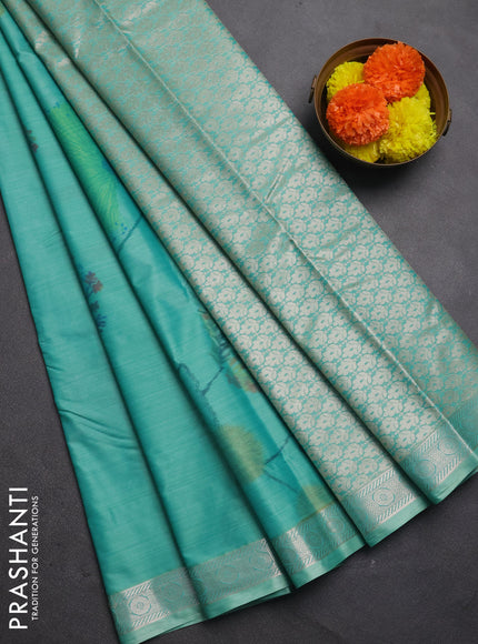 Bangalori silk saree teal green with allover ikat weaves and zari woven border