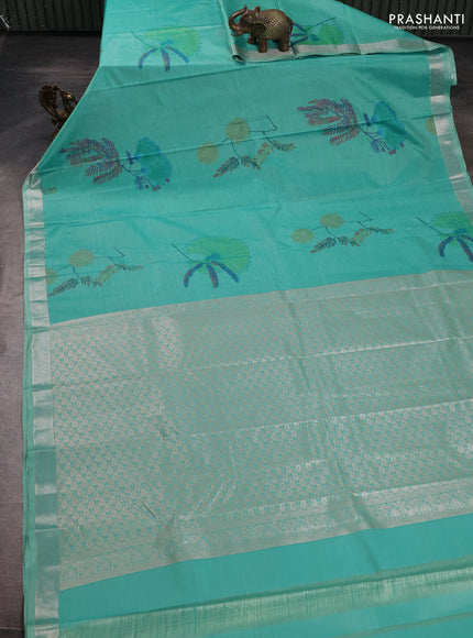 Bangalori silk saree teal green with allover ikat weaves and zari woven border