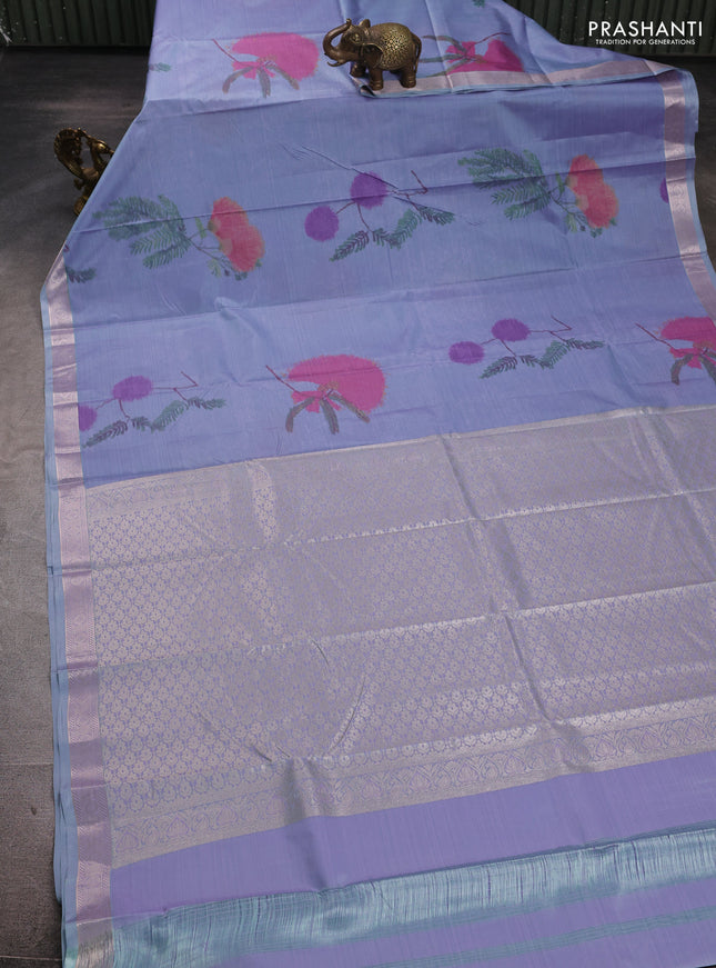 Bangalori silk saree pastel blue with allover ikat weaves and zari woven border