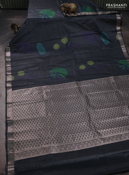 Bangalori silk saree elephant grey with allover ikat weaves and zari woven border