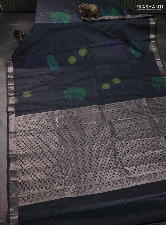Bangalori silk saree elephant grey with allover ikat weaves and zari woven border