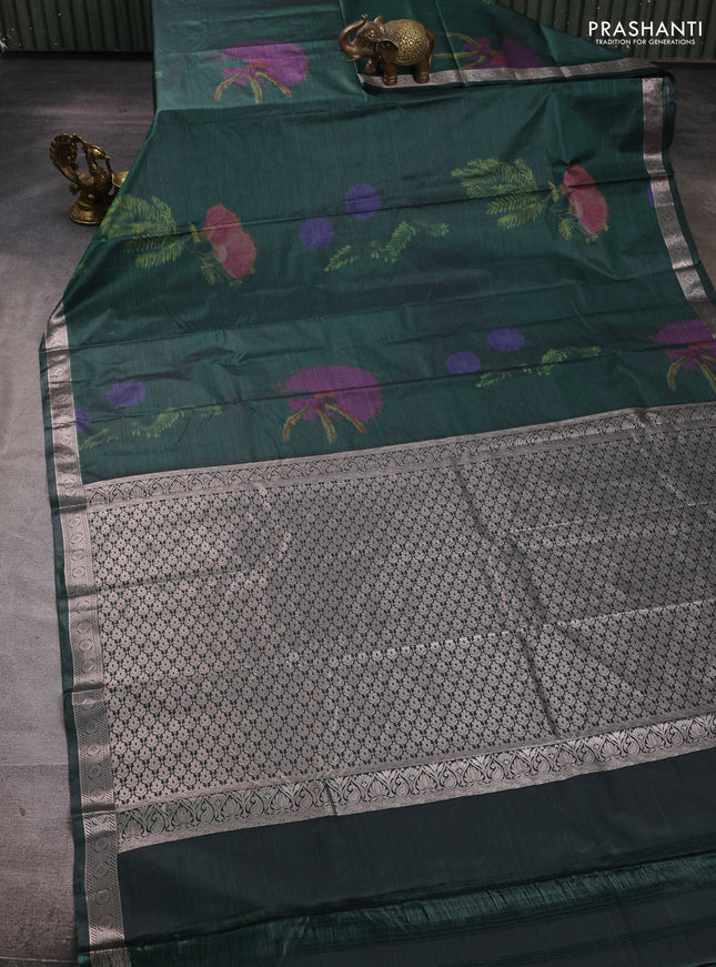 Bangalori silk saree dark green with allover ikat weaves and zari woven border
