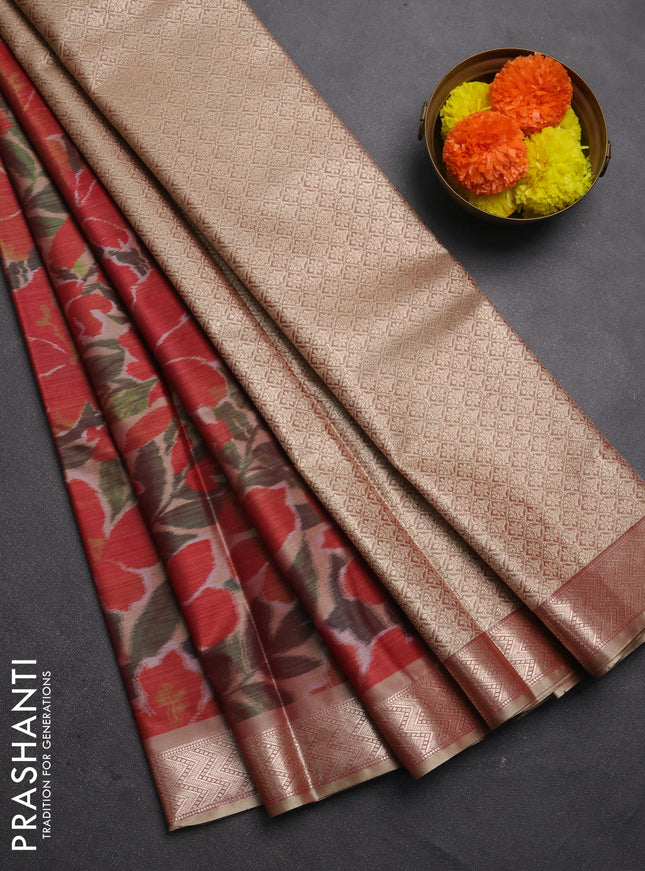 Bangalori silk saree red and beige with allover ikat weaves and zari woven border