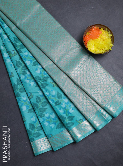 Bangalori silk saree teal green shade with allover ikat weaves and zari woven border