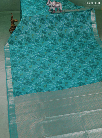 Bangalori silk saree teal green shade with allover ikat weaves and zari woven border