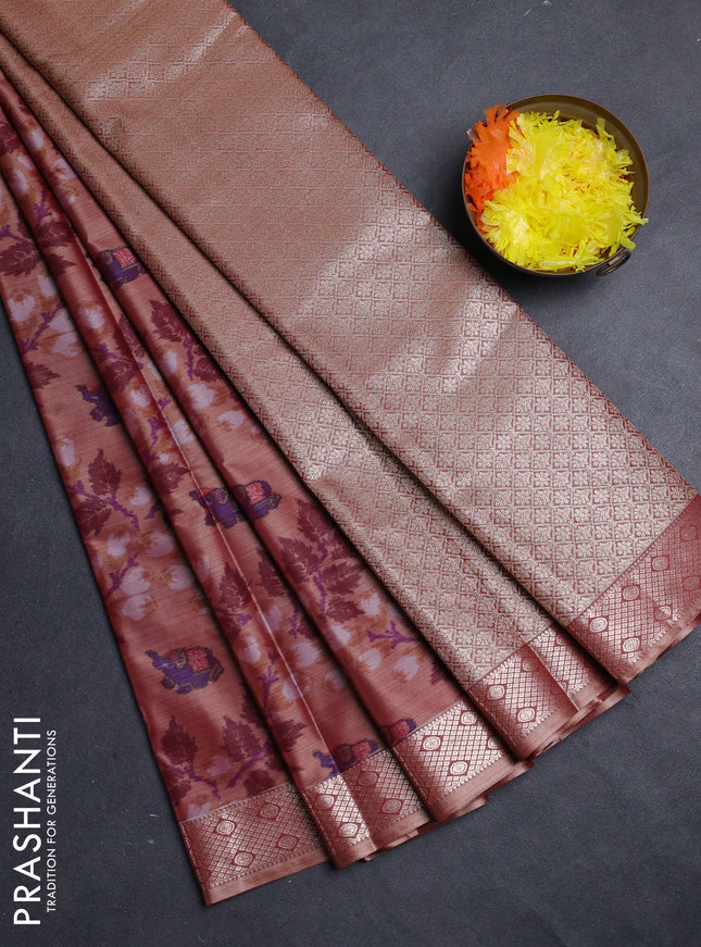 Bangalori silk saree dark sandal with allover ikat weaves and zari woven border