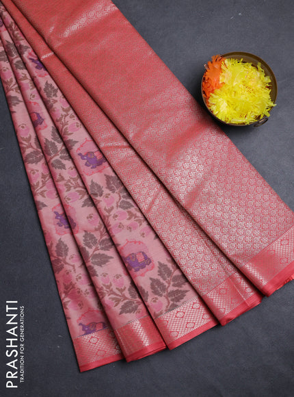 Bangalori silk saree mild peach with allover ikat weaves and zari woven border