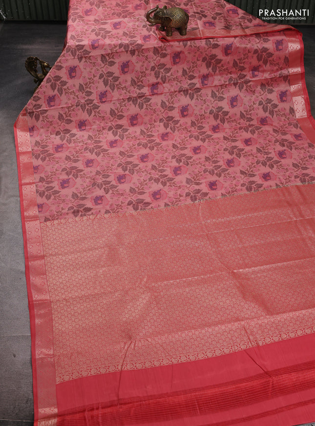 Bangalori silk saree mild peach with allover ikat weaves and zari woven border