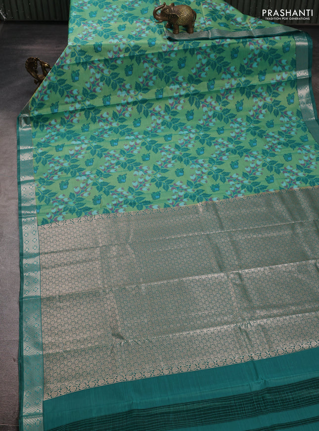 Bangalori silk saree light green and dark green with allover ikat weaves and zari woven border