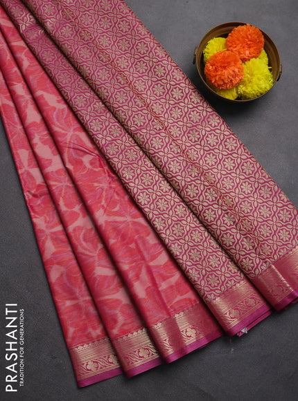 Bangalori silk saree mild peach and pink with allover ikat weaves and zari woven border