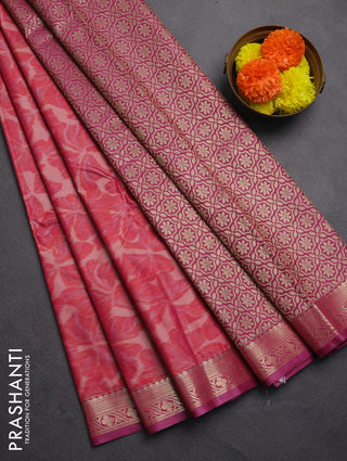 Bangalori silk saree mild peach and pink with allover ikat weaves and zari woven border