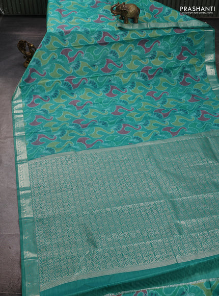 Bangalori silk saree teal green with allover ikat weaves and zari woven border