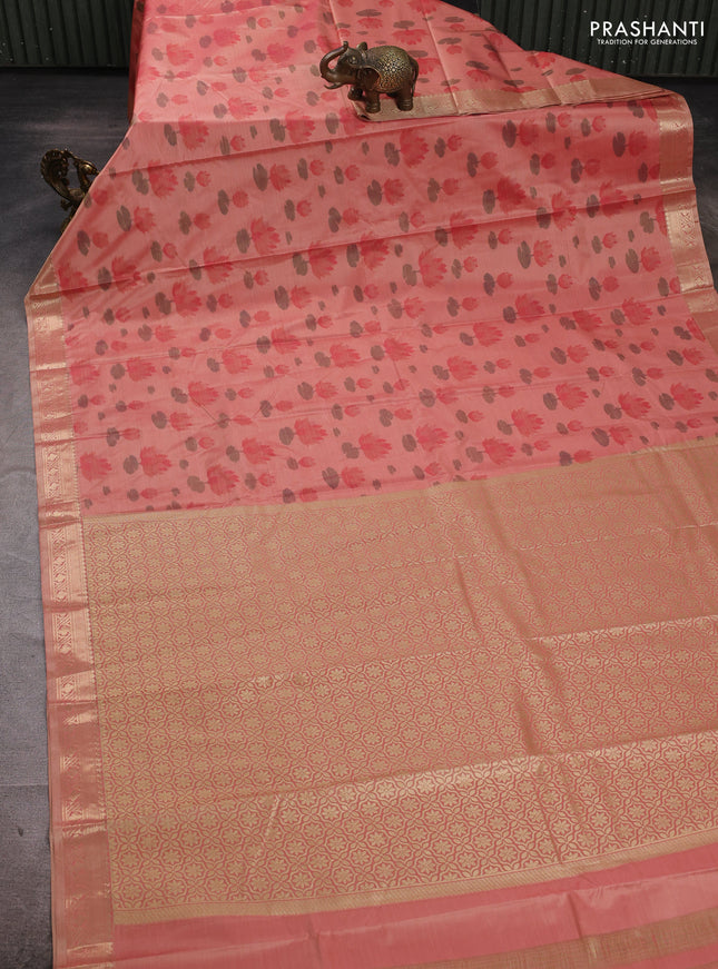 Bangalori silk saree mild peach with allover ikat weaves and zari woven border