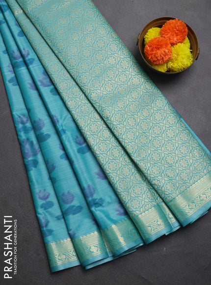 Bangalori silk saree teal blue with allover ikat weaves and zari woven border