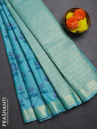 Bangalori silk saree teal blue with allover ikat weaves and zari woven border