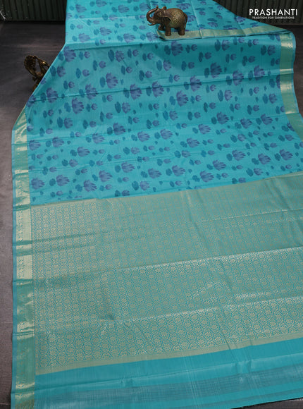 Bangalori silk saree teal blue with allover ikat weaves and zari woven border