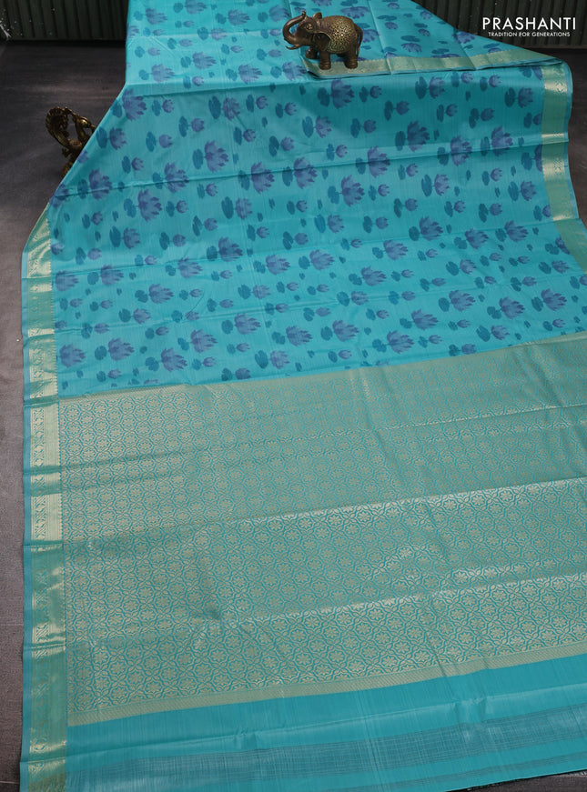Bangalori silk saree teal blue with allover ikat weaves and zari woven border