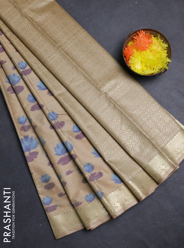 Bangalori silk saree sandal with allover ikat weaves and zari woven border