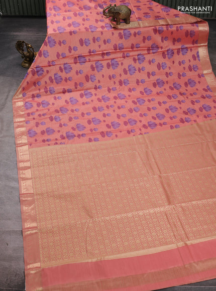 Bangalori silk saree mild peach with allover ikat weaves and zari woven border