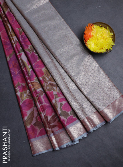 Bangalori silk saree grey and dark pink with allover ikat weaves and zari woven border
