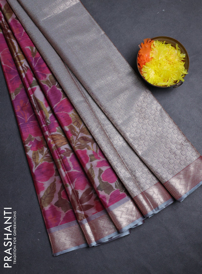 Bangalori silk saree grey and dark pink with allover ikat weaves and zari woven border