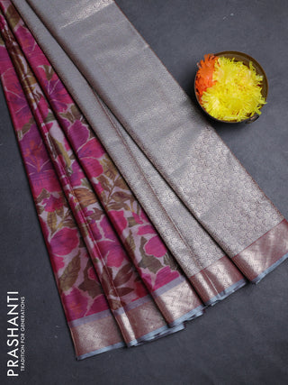 Bangalori silk saree grey and dark pink with allover ikat weaves and zari woven border