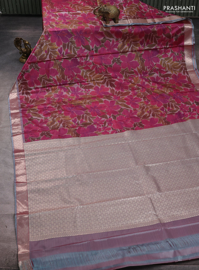 Bangalori silk saree grey and dark pink with allover ikat weaves and zari woven border