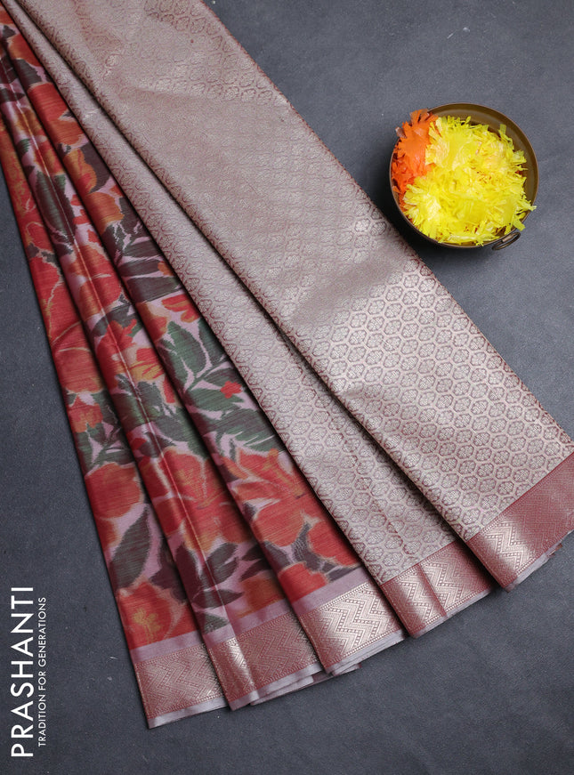 Bangalori silk saree grey and rust shade with allover ikat weaves and zari woven border