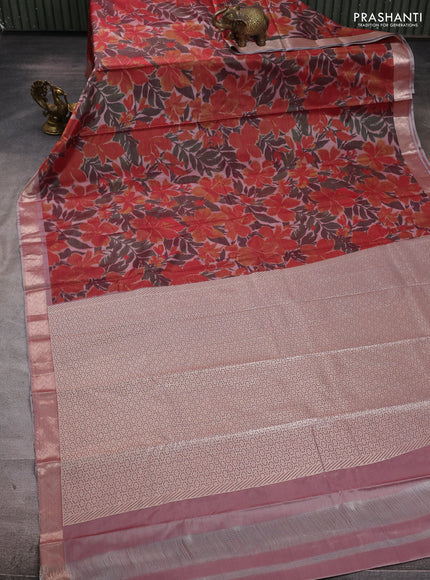 Bangalori silk saree grey and rust shade with allover ikat weaves and zari woven border