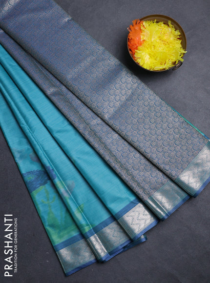 Bangalori silk saree teal blue with allover ikat weaves and zari woven border