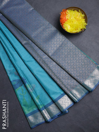 Bangalori silk saree teal blue with allover ikat weaves and zari woven border