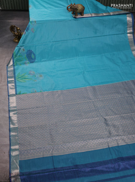 Bangalori silk saree teal blue with allover ikat weaves and zari woven border